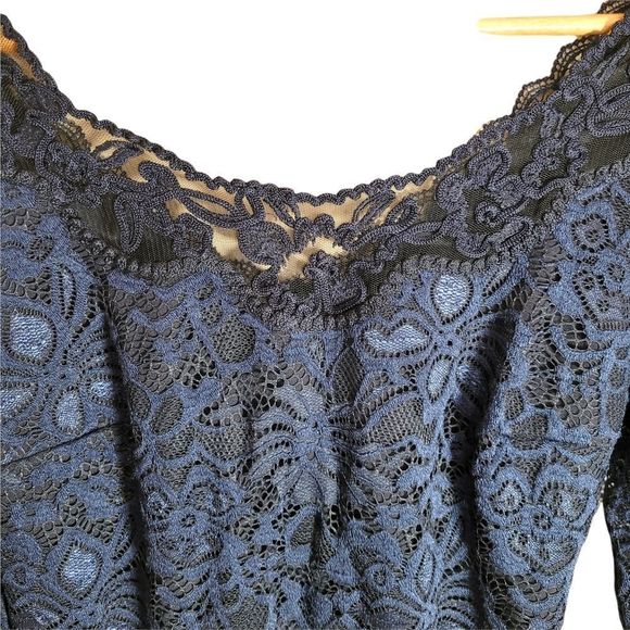 Navy Blue Dress with Elastic Waist 3/4 Sleeves and Lace Overlay - Picture 11 of 16